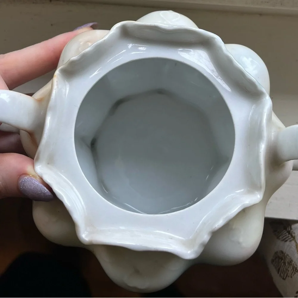 Antique 1920 German Rare Art Nouveau Floral Porcelain Sugar Pot Heart Handles